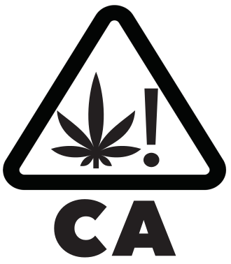 The official California cannabis universal symbol: a triangle containing a cannabis leaf and an exclamation mark, with CA below